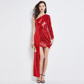 Long Sleeves Sequined Sheath Fashion Hi Low Party Prom Gown