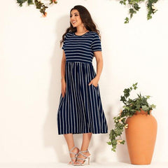 T Shirt Dress O Neck Striped Short Sleeve Dress