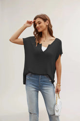 Color Slit Loose Large Size Pullover Spring WomenShort Sleeve V-neck Sweater T-shirt