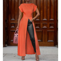 XXL Plus size high split long summer dress Solid color short sleeve casual loose dress Elegant streetwear robe femme