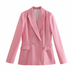 Vintage Green Pink Houndstooth Plaid Print Blazer