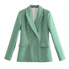 Vintage Green Pink Houndstooth Plaid Print Blazer