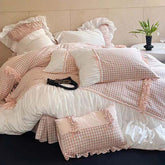Beige Gingham with Bow Ruched Duvet Cover