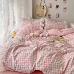 Gingham Lace Ruffle Bedding Set