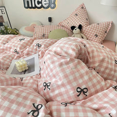 Pink Plaid Bowknot Bedding Set