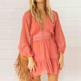 V Neck WomenSpring Summer Dress Lace Long Sleeve Mini Party Dress