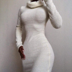 Fashion Winter Warm Long Sleeve Sweater Fleece Warm Basic Short Mini Dress Ladies Casual High Collar Slim Fit Dress
