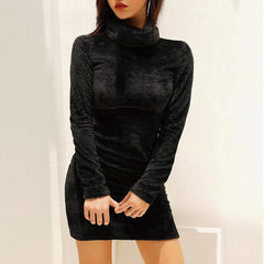 Fashion Winter Warm Long Sleeve Sweater Fleece Warm Basic Short Mini Dress Ladies Casual High Collar Slim Fit Dress