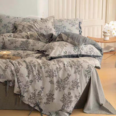 Floral Jacquard Bedding Set with Bow Tie - Grey