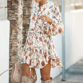 Frill Ruffle Boho Dress Floral Print Mini Dresses V-Neck Long Sleeve Beach dress 2019 WomenClothing Female Vestidos