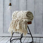 Handmade Chunky Knitted Blanket with Tassels
