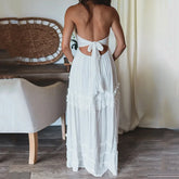 Chest Wrap Halter Ruffles Trim Maxi Boho Dress