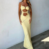 Sleeveless Knit Long Summer Spring Solid Color Halter Front Cutout Back Maxi Dress