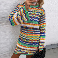 Knitted Sleeve Midi Pullover Autumn Winter Print Panelled Hollow Out Streetwear Top