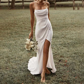 Mermaid Wedding Dress Spaghetti Straps High Slit Satin Backless Plain Bridal Gown Maxi Dress