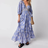 Chiffon Tiered Swing Deep V Neck Puff Sleeve WomenBoho Dress