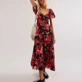 Waist A-Line Neck Tunic Short Puff Sleeve Floral Printed Maxi Boho Dress