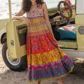 Colorful Graffiti Floral Ruffle Cami Summer Boho Flowy Spaghetti Strap Maxi Sun Midi Dress