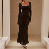 Lace Clothes See Through Floral Square Collar Long Sleeve Maxi Dress