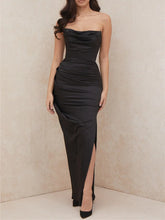 Satin Bodycon Tube Dress Sleeveless Ruched Spring Fall Summer Party Club Evening Gown Maxi Dress