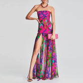 Tube Top Dress Strapless Backless Mesh Patchwork Tropical Print High Slit Maxi Dress