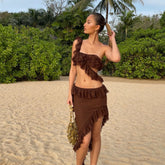 WomenRuffle Trim Cutout Mesh See Through Short Beach Sundress Midi Dress