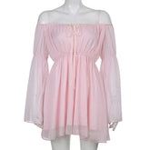 Puff Sleeve Off Shoulder Lace Up Swing Ruffle Mesh Party Body Shaper Bustier Corset Mini Dress