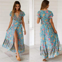 Holiday Long Dress WomenBoho Dresses Lady Boho Floral V-neck Long Maxi Dress Summer Beachwear Sundress