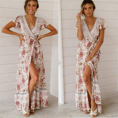 Holiday Long Dress WomenBoho Dresses Lady Boho Floral V-neck Long Maxi Dress Summer Beachwear Sundress
