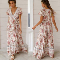 Holiday Long Dress WomenBoho Dresses Lady Boho Floral V-neck Long Maxi Dress Summer Beachwear Sundress