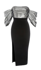OFF THE SHOULDER MIDI DRESS IN BLACK
