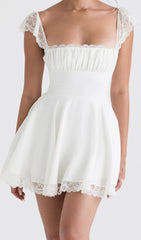 SATIN LACE MINI DRESS IN WHITE