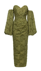 GREEN PUFF SLEEVE TIGHT SPLIT DRESS