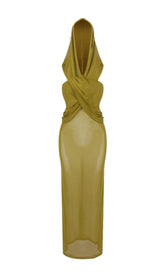 GINGER YELLOW SHEER EVENING GOWN WITH DRAPED HOOD
