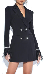QUILLA BLACK FEATHER CRYSTAL SLEEVE BACKLESS BLAZER DRESS