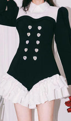 DIAMOND SPLICED COLOR LAPEL TEMPERAMENT RUFFLES DRESS