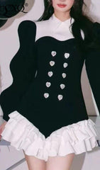 DIAMOND SPLICED COLOR LAPEL TEMPERAMENT RUFFLES DRESS