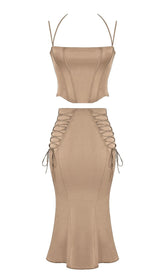 SATIN TWO PIECE MIDI DRESS IN BROWN