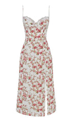 ROSE PRINT MIDI DRESS IN WHITE