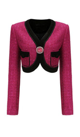 V NECK LONG SLEEVE PATCHWORK BUTTON VINTAGE SHORT COATS