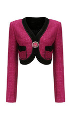 V NECK LONG SLEEVE PATCHWORK BUTTON VINTAGE SHORT COATS