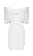 SATIN PINK BOW OFF SHOULDER MINI DRESS IN WHITE