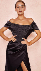 SATIN OFF SHOULDER MIDI DRESS IN BLACK