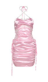 SATIN RUCHED MINI DRESS IN PINK