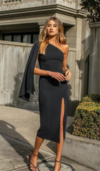 FASHION BLACK OBLIQUE SHOULDER DRESSS