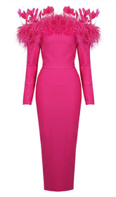 FEATHER TRIM MIDI DRESS IN CRIMSON