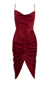 WINE SATIN DRAPED CORSET DRESS