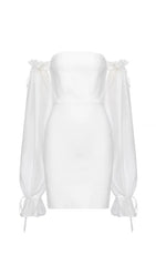 WHITE LLACE SLEEVE STITCHING BANDAGE DRESS