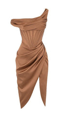 ASYMMETRIC DRAPE MIDI CORSET DRESS IN COFFEE