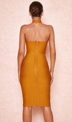 ORANGE BANDAGE WRAP PLUNGE DRESS